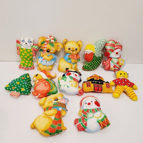 12 Mini Holiday Christmas Plush Pillow Fabric Hand Sewn Snowman Mouse Cat Koala - Picture 6 of 8